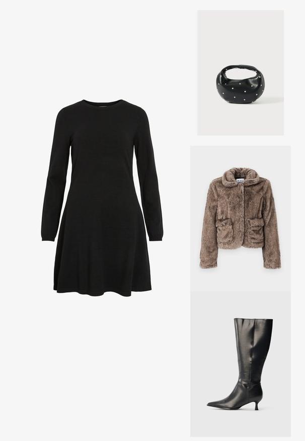Chaqueta corta de piel sintética marrón con cuello, dos bolsillos frontales y un acabado suave y texturizado. Presenta un cierre oculto para un aspecto elegante.; Vestido negro de manga larga hecho de tela de punto, con escote redondo y dobladillo acampanado, que ofrece una silueta simple y ajustada.; Bota negra de cuero hasta la rodilla, con punta afilada y tacón bajo tipo kitten, mostrada sobre un fondo claro y sencillo.; Bolso de mano de cuero negro con forma redondeada, decorado con detalles de tachuelas plateadas y un asa corta. Textura lisa y cierre con cremallera.