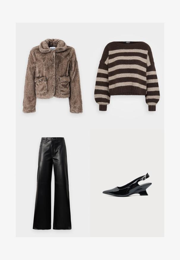 Veste cropped en fausse fourrure marron avec col, deux poches avant et une finition douce et texturée. Dispose d'une fermeture dissimulée pour un look épuré.; Pull en tricot rayé large horizontal marron et beige avec de longues manches ballon et finitions côtelées aux poignets et à l'ourlet.; Pantalons larges en faux cuir noire taille haute avec bouton avant, fermeture éclair, passants de ceinture et poches latérales sur fond blanc.; Chaussure slingback en cuir verni noir avec bout pointu et petit talon bloc incliné sur fond clair uni.