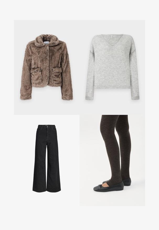 Bruine faux fur cropped jas met een kraag, twee voorzakken en een zachte, textuurachtige afwerking. Bevat een verborgen sluiting voor een strakke uitstraling.; Grijze v-hals trui van zacht materiaal, met een ontspannen pasvorm en versierd met kleine zilveren pailletten door de stof.; Zwarte jeans met hoge taille en wijde pijpen, voorzien van subtiele glinsterende versieringen en een klassieke vijfzakkenstijl.; Benen met donkere geribbelde leggings gecombineerd met zwarte ballerina's met kleine strikdetails op een witte achtergrond.