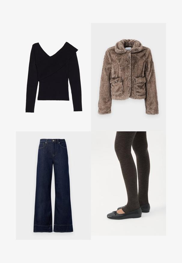 Bruine faux fur cropped jas met een kraag, twee voorzakken en een zachte, textuurachtige afwerking. Bevat een verborgen sluiting voor een strakke uitstraling.; Even&Odd by Zalando Trui - black; Donkerblauwe wijde spijkerbroek van denim. Kenmerken zijn een knoopsluiting, stikdetails en zijzakken. Uiteinde met een flared onderrand.; Benen met donkere geribbelde leggings gecombineerd met zwarte ballerina's met kleine strikdetails op een witte achtergrond.