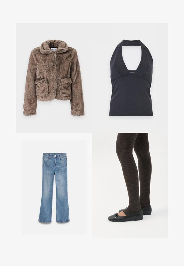 Brun faux fur cropped jakke med krave, to frontlommer og en blød, tekstureret overflade. Har en skjult lukning for et strømlinet udseende.; Sort halterneck-top med dyb V-udskæring og tætsiddende talje, designet uden ærmer på en ensfarvet baggrund.; Lyseblå denim jeans med høj talje, dobbelt knaplukning, lommer foran og bagpå samt let udvidede ben.; Ben iført mørke ribbede leggings kombineret med sorte balletsko med små sløjfedetaljer på hvid baggrund.