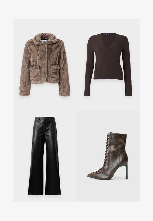 Veste cropped en fausse fourrure marron avec col, deux poches avant et une finition douce et texturée. Dispose d'une fermeture dissimulée pour un look épuré.; Haut cache-cœur à manches longues côtelé marron avec un col en V, présentant une silhouette cintrée et une texture lisse. Étiquette de la marque visible à l'intérieur du col.; Pantalons larges en faux cuir noire taille haute avec bouton avant, fermeture éclair, passants de ceinture et poches latérales sur fond blanc.; Bottine en cuir marron avec un bout pointu et un talon aiguille haut. Présente un laçage à l'avant et une finition texturée avec un motif froissé.