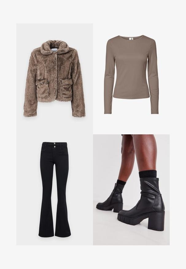 Bruine faux fur cropped jas met een kraag, twee voorzakken en een zachte, textuurachtige afwerking. Bevat een verborgen sluiting voor een strakke uitstraling.; Langdurige fitted crew neck shirt in effen taupe kleur met een simpel ontwerp en ribbelstructuur.; ONLY ONLRAIN FLARED - Flared Jeans - washed black; Zwarte leren enkelboots met een slouch-ontwerp, chunky hoge hak en een gestructureerde rubberen zool. Voorzien van een ritssluiting aan de zijkant.