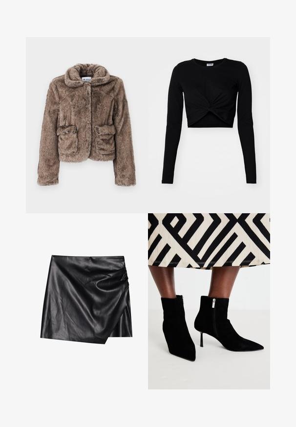 Bruine faux fur cropped jas met een kraag, twee voorzakken en een zachte, textuurachtige afwerking. Bevat een verborgen sluiting voor een strakke uitstraling.; Zwarte cropped top met lange mouwen, gemaakt van zachte stof, met een gedraaide voorkant en een ronde halslijn, en aansluitende mouwen.; Zwarte leren minirok met een wikkelontwerp, met een zachte, gladde textuur en subtiele draperingdetails aan één kant.; Zwarte suède enkellaarzen met puntige neuzen, stiletto-hakken en zijritsen. De visuele textuur is zacht; het ontwerp is slank en aansluitend.
