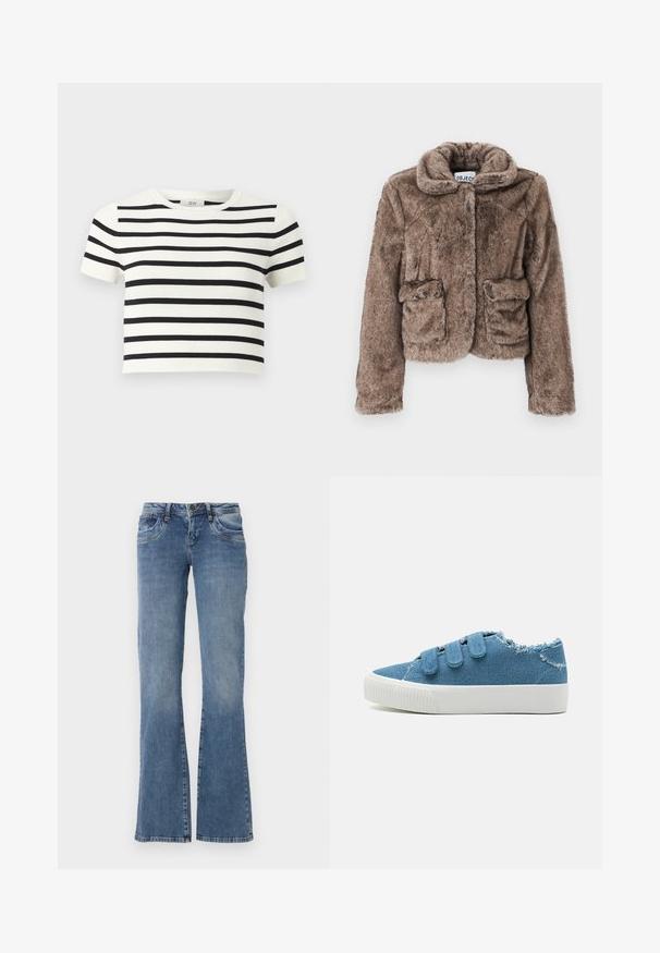 Bruine faux fur cropped jas met een kraag, twee voorzakken en een zachte, textuurachtige afwerking. Bevat een verborgen sluiting voor een strakke uitstraling.; Witte cropped top met korte mouwen, horizontale zwarte strepen en een ronde hals.; Blauwe spijkerbroek met voorzakken, riemlussen en een lichte flare aan de onderkant, weergegeven tegen een witte achtergrond.; Blauwe denim sneakers met drie klittenbandsluitingen, versleten randen en een witte rubberen zool. Gladde textuur, casual ontwerp, lage profielvorm.