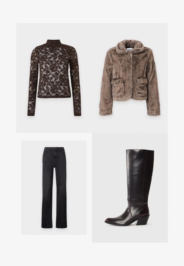Brun faux fur cropped jakke med krave, to frontlommer og en blød, tekstureret overflade. Har en skjult lukning for et strømlinet udseende.; Brun blonde top med lange ærmer og høj halsudskærning. Blomster mønster, gennemsigtig tekstur og tætsiddende silhuet. Glatte kanter ved kanten og ærmerne.; Sorte denim straight-leg jeans med høj talje, fem-lomme design og synlig syning. Glat tekstur med en let falmet finish.; Knæhøj, mørkebrun læderstøvle med spids tå, vinkelret blokhæl og en glat, blank overflade. Har et enkelt design og syningsdetaljer.