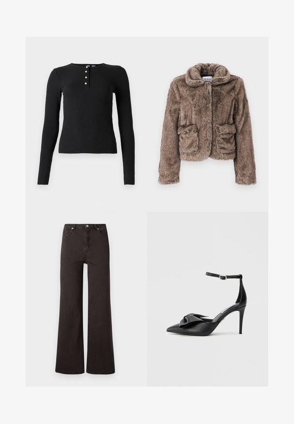 Braune Kunstfell-Cropped-Jacke mit Kragen, zwei Fronttaschen und einer weichen, strukturierten Oberfläche. Verfügt über einen verdeckten Verschluss für einen eleganten Look.; Schwarzes langärmliges Rippoberteil mit Rundhalsausschnitt und fünf Knopfblende mit kleinen, hellen Knöpfen. Weiche Textur, figurschmeichelnde Passform.; Schwarze Jeans mit weitem Bein aus Denim und hoher Taille, ausgestattet mit fünf Taschen und einem Knopfverschluss. Glatte Textur, minimalistisches Design.; Schwarzer High-Heel-Schuh mit spitzer Zehenpartie, Satinschleifenakzent und verstellbarem Knöchelriemen mit silberner Beschlägen. Glatte Lederstruktur.