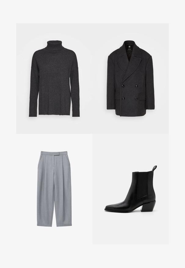 G-STAR OVERSIZED - Abrigo clásico - shadow; Suéter de cuello alto en gris oscuro, hecho de un material de punto suave. Presenta mangas largas, un ajuste relajado y un cuello alto. Diseño simple, sin patrones.; Pantalones grises con un diseño entallado, que incluyen pliegues, bolsillos laterales y corte recto en las piernas. Textura suave y cintura de tiro medio.; Botas de tobillo de cuero negro con punta afilada, paneles laterales elásticos y un tacón bajo en bloque. Cuenta con una lengüeta en el talón para facilitar su uso.