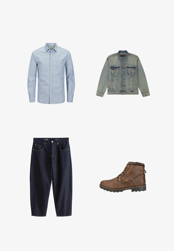 Hellblaue Jeansjacke mit Knopfverschluss, zwei Brustklappentaschen, Seitentaschen und einem Wrangler-Label am Kragen und an der Brusttasche.; Helles blaues Langarmhemd mit Knopfleiste und einer Tasche auf der linken Brustseite. Aus weichem Stoff mit glatter Textur und dezentem Logo-Detail gefertigt.; Dunkelblaue Denim-Jeans mit Barrel-Passform, fünf Taschen, Knopfverschluss und sichtbaren Nähten vor weißem Hintergrund.; Braune Leder-Ankle-Boots mit runder Zehenpartie, Schnürdesign, gepolstertem Kragen und strukturiertem Gummisohle. Mit Logo und Metallelementen ausgestattet.
