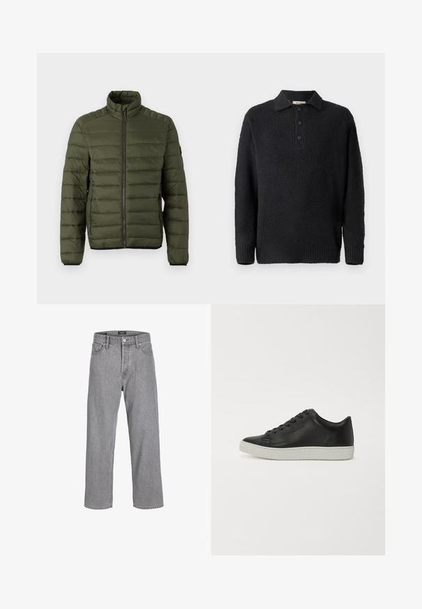 Olijfgroene doorgestikte jas met opstaande kraag, volledige ritssluiting aan de voorkant en ritssluitingen aan de zijzakken, ontworpen voor warmte en casual gebruik.; Zwarte gebreide pullover met een gestructureerde afwerking, voorzien van een klassieke kraag en een knoopsluiting met drie knopen. Lange mouwen met geribde manchetten.; Grijze denim broek met een ontspannen, losse pasvorm. Beschikt over een traditionele vijf-pocket ontwerp en een knoopsluiting bij de tailleband.; Zwarte leren sneakers met een ronde neus, een platte witte rubberen zool en een vetersluiting met zes oogjes. Gladde textuur, minimalistische stijl.