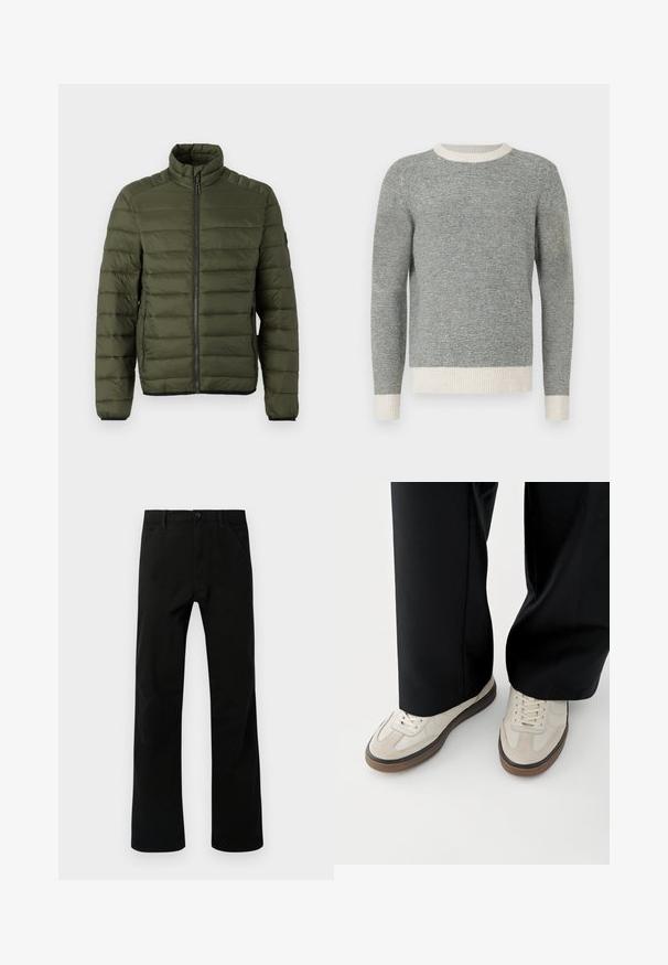 Olijfgroene doorgestikte jas met opstaande kraag, volledige ritssluiting aan de voorkant en ritssluitingen aan de zijzakken, ontworpen voor warmte en casual gebruik.; Grijs en crèmekleurig gestreepte sweater met ribbelboord bij de ronde hals en mouwen. Gemaakt van textuurstof, met een getailleerd ontwerp en lange mouwen.; Zwarte rechte broek met voorzakken, knoopsluiting en lussen voor een riem, weergegeven tegen een witte achtergrond.; Voeten met beige sneakers met bruine zolen en zwarte wijde broekspijpen op een witte achtergrond.