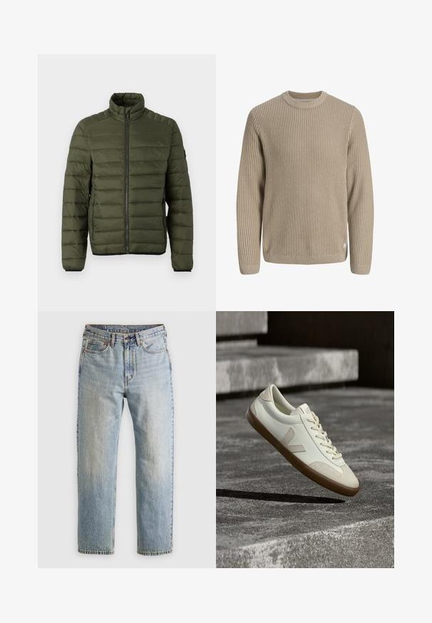 Olijfgroene doorgestikte jas met opstaande kraag, volledige ritssluiting aan de voorkant en ritssluitingen aan de zijzakken, ontworpen voor warmte en casual gebruik.; Beige geribde gebreide trui met lange mouwen en ronde hals, weergegeven tegen een lichte achtergrond.; Lichtblauwe denim jeans met hoge taille, frontknop, rits en vijfzakkenontwerp, plat gelegd op een neutrale achtergrond.; Witte leren sneakers met een bruine rubberen zool, platte veters en een V-vormig accent aan de zijkant. Ze hebben een glad oppervlak en minimale stikdetails.