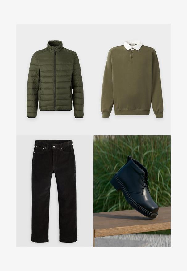 Olijfgroene doorgestikte jas met opstaande kraag, volledige ritssluiting aan de voorkant en ritssluitingen aan de zijzakken, ontworpen voor warmte en casual gebruik.; Olijfgroene pullover trui met een witte kraag, drie knopen, lange mouwen en geribbelde boorden en onderrand. Zachte textuur.; Zwarte fluwelen rechte broek met voorste knoop, ritssluiting, lussen voor een riem en vijf-pocketdesign op een effen lichte achtergrond.; Zwarte leren enkellaars met een gladde afwerking, ronde neus en contrasterende brown hak. Veters en stikseldetails zijn zichtbaar.