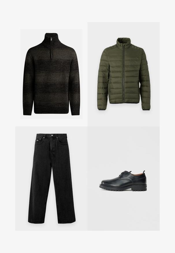 Olivengrøn quiltet jakke med opretstående krave, fuld lynlås foran og lynlåslommer i siden, designet til varme og afslappet brug.; Mørk strikket sweater med høj krave og kvart lynlås. Har et tekstureret mønster med varierende nuancer af sort og grå.; Sort bredde bukser lavet af denim, med knaplukning og frontlommer. Diskret varemærkeblik på taljebåndet. Mat tekstur.; Sorte læder derby-sko med en glat overflade, rund tå, snøre-design og en tyk, robust gummisål.