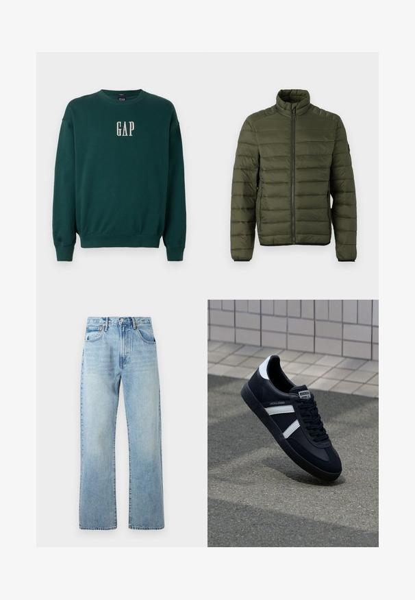Olivgrüne gesteppte Jacke mit Stehkragen, durchgehendem Frontreißverschluss und Reißverschlusstaschen an den Seiten, entworfen für Wärme und legere Trageweise.; Grüner Langarm-Sweatshirt mit gerippten Bündchen und Saum, mit weißem, gesticktem "GAP"-Logo auf der Brust. Weicher Stoff.; Hellblaue Jeans aus Denim mit weiten, geraden Beinen, Fünf-Taschen-Design und einem mit Gürtel befestigten Bund. Der Stoff zeigt eine leicht ausgeblichene Textur.; Schwarze Leder-Sneaker mit weißen Streifen, strukturiertem Gummisohle und Schnürung. Verfügt über ein Markenetikett auf der Zunge.