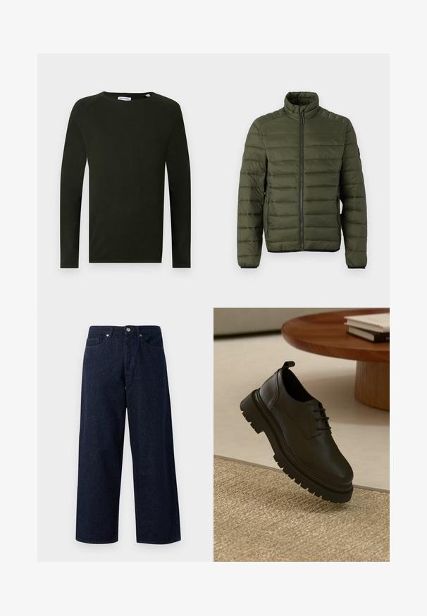 Veste matelassée vert olive avec col montant, fermeture éclair intégrale à l'avant et poches latérales zippées, conçue pour la chaleur et un usage décontracté.; Chemise en tricot à manches longues vert foncé avec un col rond, présentant un tissu texturé et des poignets ajustés. Étiquette visible au niveau du col.; Jean large en denim bleu foncé avec fermeture à bouton, poches avant et texture subtile, avec des ourlets droits et une coupe décontractée.; Chaussure en cuir noir avec une surface texturée, bout rond, design à lacets et semelle en caoutchouc noir épaisse. Flottant au-dessus d'un tapis tissé.