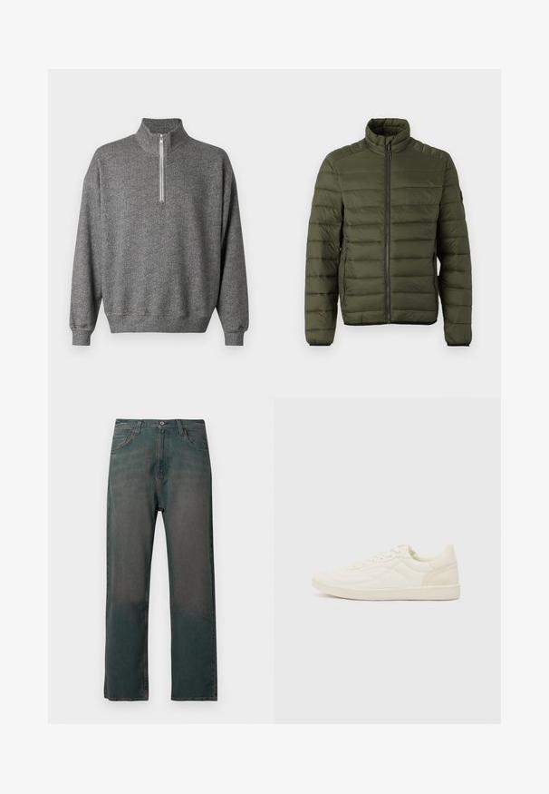 Veste matelassée vert olive avec col montant, fermeture éclair intégrale à l'avant et poches latérales zippées, conçue pour la chaleur et un usage décontracté.; Sweat-shirt gris à chevrons avec col montant et fermeture éclair à quart. Comprend des poignets et un ourlet côtelés pour une finition texturée.; Jean en denim vert foncé avec une coupe droite, doté d'un design classique à cinq poches et de coutures contrastantes le long des coutures.; ALDO THEPITCH - Baskets basses - white