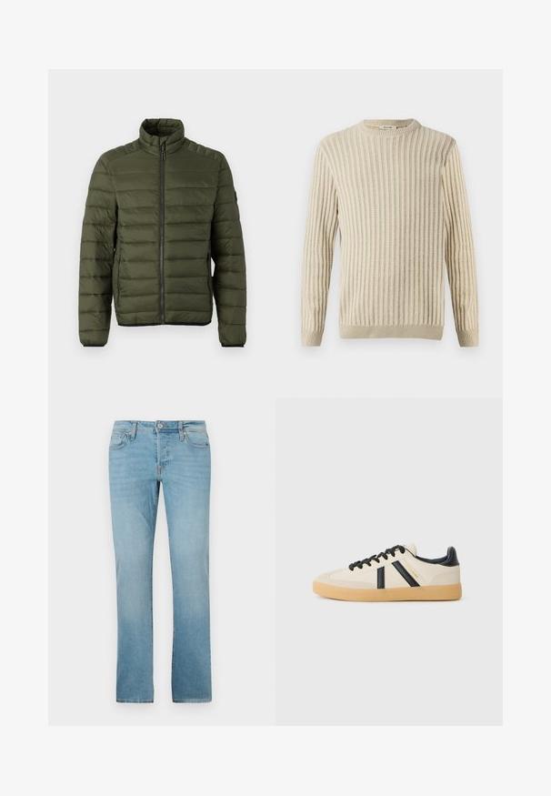 Olivovo zelená prešívaná bunda s stojacím golierom, celým predným zipsom a bočnými vreckami na zips, navrhnutá pre teplo a bežné nosenie.; Only & Sons ONSBRANT CREW KNIT - Tričko s potlačou - beige; Svetlo modré džínsy vyrobené z denimu, s rovnou nohou, piatimi vreckami, gombíkovým zapínaním a jemným prešúchaním pre textúru.; Pohodlné tenisky v krémovej farbe s čiernymi pruhmi, s textúrovaným zvrškom a podrážkou z gumy. Šnúrky sú čierne. Diskrétny logo na boku.