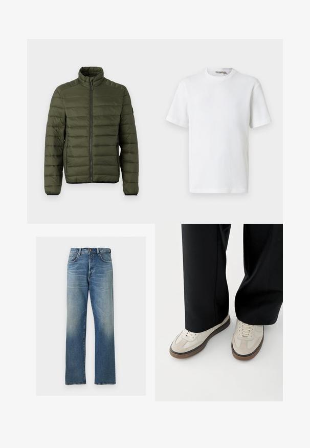 Olivengrøn quiltet jakke med opretstående krave, fuld lynlås foran og lynlåslommer i siden, designet til varme og afslappet brug.; Hvid kortærmet t-shirt i vaffelmønster med rund hals og et lille mærke med brandnavn inde i kraven, vist på en ensfarvet baggrund.; Blå straight-leg denim jeans med let falmet vask, fem-lomme-design og knaplukning i taljen.; Fødder iført beige sneakers med brune såler og sorte bukser med vide ben på hvid baggrund.