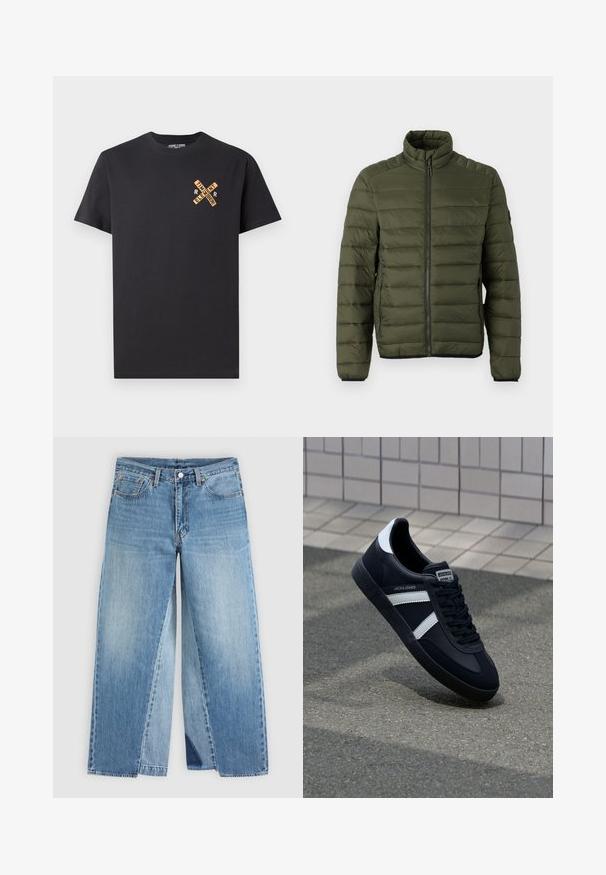 Veste matelassée vert olive avec col montant, fermeture éclair intégrale à l'avant et poches latérales zippées, conçue pour la chaleur et un usage décontracté.; T-shirt en coton noir avec un design graphique orange, affichant les mots "ELEMENT" et "SE SOUVENIR" en motif croisé sur la poitrine.; Jean droit en denim bleu avec un design classique à cinq poches et une fermeture à boutons à l'avant, présenté à plat sur un fond neutre.; Sneaker en cuir noir avec des rayures blanches, semelle en caoutchouc texturée et devant à lacets. Présente une étiquette de marque sur la languette.