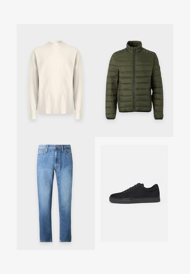 Olijfgroene doorgestikte jas met opstaande kraag, volledige ritssluiting aan de voorkant en ritssluitingen aan de zijzakken, ontworpen voor warmte en casual gebruik.; Langsleeve, shirt met hoge kraag van lichtroom katoen. Gladde textuur, relaxed fit, minimalistisch ontwerp, geen zichtbare patronen of accenten.; Lichtblauwe denim jeans met een rechte pasvorm, vijfzakkenontwerp en een tailleband met knoop- en ritssluiting. Gladde textuur.; Zwarte lage sneaker met veterluiting aan de voorkant en platte rubberen zool, zijaanzicht op een witte achtergrond.