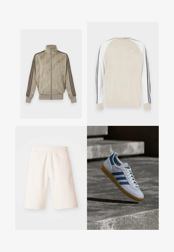 Beige Zip-Up-Trainingsjacke mit hohem Kragen, dezentem geometrischem Muster, dunklen Drei-Streifen-Details an den Ärmeln sowie gerippten Bündchen und Saum.; Beiges Langarmshirt mit weißen Raglanärmeln und marineblauen Streifen an den Seiten. Verfügt über ein kleines weißes Logo auf der Brust.; Cremfarbene Baumwollshorts mit einem elastischen Bund, seitlichen Taschen und einem dezenten Logo am linken Bein. Glatte Textur und knielanges Design.; Hellblauer Adidas Spezial Sneaker mit dunkelblauen Streifen und Gummisohle, in der Luft über Betontreppen in neutralem Außenbereich gezeigt.