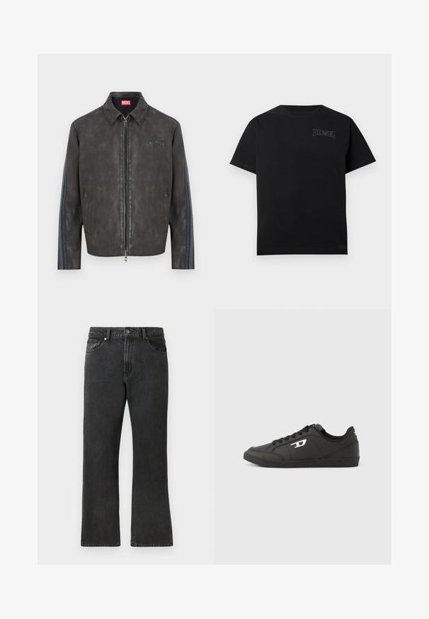 Schwarze Jacke aus Kunstleder mit Reißverschluss vorne, zwei Seitentaschen, Kragen und dezenten dunkelblauen Streifen entlang der Ärmel.; Schwarzes Baumwoll-T-Shirt mit kurzen Ärmeln und Rundhalsausschnitt. Mit einem weißen, gestickten "DIESEL"-Logo auf der oberen linken Seite.; Schwarze Denim-Jeans mit geradem Bein, mittlerer Bundhöhe, fünf Taschen und Knopfverschluss. Dezente, ausgeblichene Textur über das gesamte Material.; Schwarze Sneakers aus synthetischem Material mit einer strukturierten schwarzen Sohle, rundem Zehenbereich und flachen schwarzen Schnürsenkeln. Auffälliges weißes Logo auf der Außenseite.