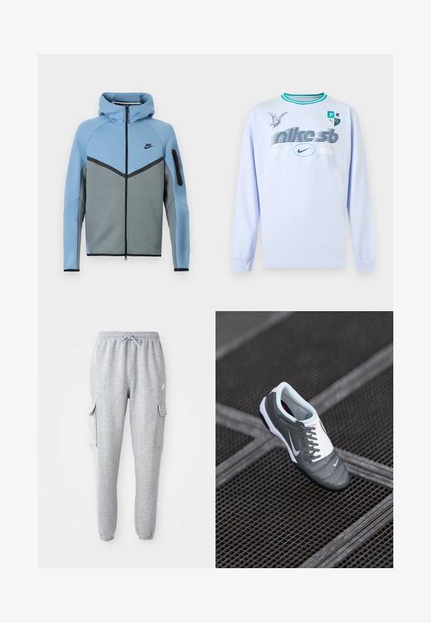 Nike Kapuzenjacke mit blau-grauem Farbschema, mit Reißverschluss vorne, Chevron-Design und einer Reißverschlusstasche am Ärmel.; Hellblaues Langarmshirt mit türkisfarbenen Kragenstreifen, grafischem Text "nike sb EST. 2002", Nike-Logo, Vogelillustration und einem Wappen mit vier Symbolen auf der Brust.; Graue Sweatpants aus weichem Material, mit elastischem Bund und Kordelzug, zwei seitlichen Cargo-Taschen und schmal zulaufenden Bündchen.; Grauer Sportschuh mit einer glatten Oberflächenstruktur, weißen Akzenten, auffälligen Schnürsenkeln und einer schwarzen Gummisohle, mit einem kleinen Logo an der Seite.