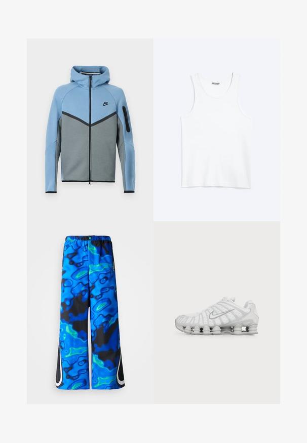 Nike Kapuzenjacke mit blau-grauem Farbschema, mit Reißverschluss vorne, Chevron-Design und einer Reißverschlusstasche am Ärmel.; Weißes ärmelloses Tanktop mit rundem Ausschnitt und Weekday-Markenetikett auf der Innenseite des hinteren Kragens, flach auf hellem Hintergrund dargestellt.; Blaue und schwarze, abstrakt gemusterte, weit geschnittene Hose mit elastischem Bund und seitlichen Reißverschlusstaschen auf einem einfarbigen Hintergrund.; Weißer Nike Laufschuh mit sichtbarer luftgepolsterter Sohle und silbernem Swoosh-Logo an der Seite, von der Außenseite gezeigt.
