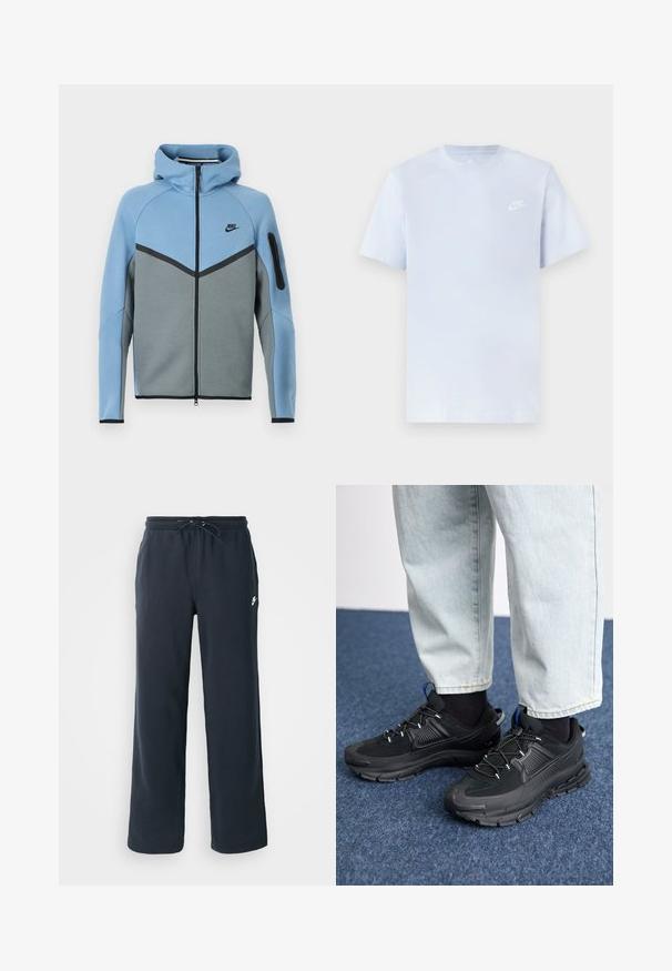 Nike hooded jack met een blauw-grijs kleurenpatroon, voorzien van een ritssluiting aan de voorkant, een chevron ontwerp en een ritssluitingzak op de mouw.; Lichtblauwe katoenen t-shirt met korte mouwen, ronde hals en een wit Nike-logo gedrukt op de linkerborst. Glad textuur, eenvoudig ontwerp.; Donkerblauwe joggingbroek met een elastische tailleband en een trekkoord. Gemaakt van zachte stof, met een klein wit logo op de linkerheup.; Zwarte sportschoenen met gestructureerde stof en rubberen zolen, met elastische veters en een blauwe accent op de hiel. Draag samen met lichte spijkerbroeken.