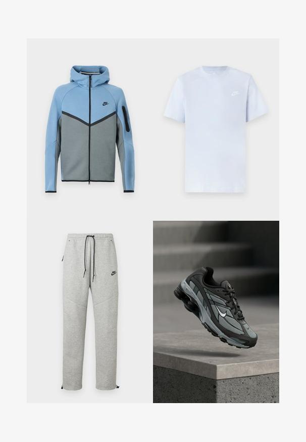 Nike bunda s kapucňou v modro-sivej farebnej kombinácii, s predným zipsom, vzorom chevron a vreckom na zips na rukáve.; Svetlomodré bavlnené tričko s krátkymi rukávmi, okrúhlym výstrihom a bielym logom Nike potlačeným na ľavej hrudi. Hladká textúra, jednoduchý dizajn.; Šedé Nike tepláky so sťahovacím pásom, bočnými vreckami a elastickými manžetami. Majú hladkú textúru a kontrastný čierny logotyp.; Šedá a čierna športová teniska s panelmi z sieťoviny a hrubou podrážkou, umiestnená vo vzduchu nad betónovým obrubníkom a schodmi v pozadí.