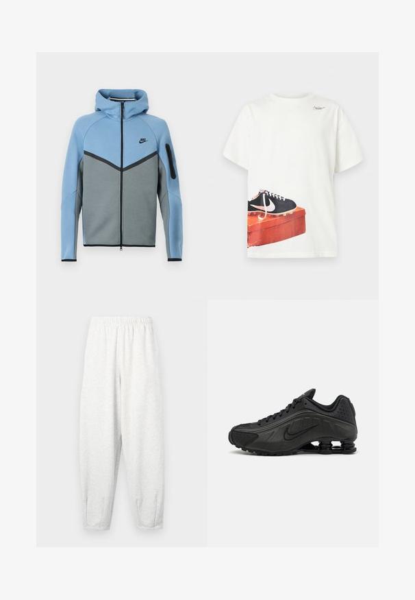 Nike Kapuzenjacke mit blau-grauem Farbschema, mit Reißverschluss vorne, Chevron-Design und einer Reißverschlusstasche am Ärmel.; Weißes T-Shirt mit kurzen Ärmeln, darauf ein gedruckter schwarzer Nike-Fußballschuh auf einer abgenutzten roten Schuhschachtel in der Nähe des Saums und ein kleines Logo in der Nähe des Halsausschnitts.; Hellgraue Sweatpants aus weichem Stoff, mit einem elastischen Bund, schmal zulaufenden Beinen und Fußbündchen. Einfaches Design ohne Muster.; Schwarze Laufschuhe mit einem glatten synthetischen Obermaterial, durchbrochenen Akzenten, strukturierten Seitenpaneelen und einer ausgeprägten federnden Sohle.