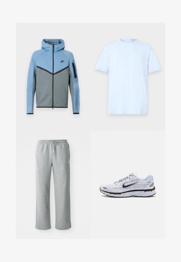 Niken hupparitakki sinivalkoisessa värimaailmassa, jossa on vetoketjullinen etuosa, kolmionmuotoinen kuvio ja vetoketjullinen hiha-tasku.; Vaaleansininen puuvillainen t-paita, jossa on lyhyet hihat, pyöreä pääntie ja hillitty valkoinen logo vasemman rinnan yläosassa. Sileä pinta.; Harmaat puuvillaiset verkkarit, joissa on joustava vyötärö, nyörikiinnitys ja suorat lahkeet. Vasemmassa yläkulmassa pieni logo.; Valkoiset juoksukengät, joissa on verkkomateriaali yläosassa, pyöristetty kärki, mustat yksityiskohdat ja kuvioitu pohja. Varustettu nauhoilla ja brändäyksellä sivussa.
