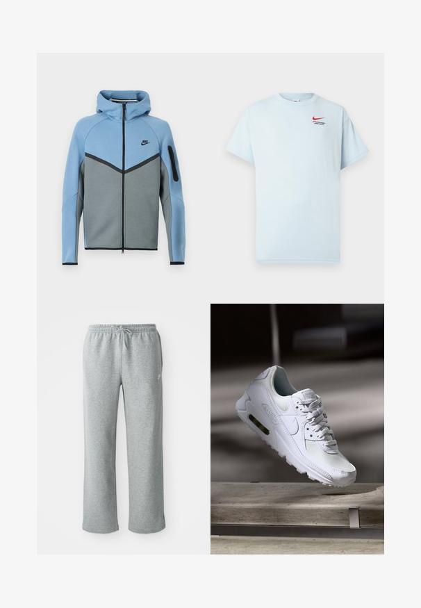 Nike hooded jacket with a blue and gray color scheme, featuring a zip front, a chevron design, and a zippered sleeve pocket.; Light blue cotton t-shirt with short sleeves, round neck, and a red Nike swoosh logo. Text reads "ATHLETIC DEPT. JUST DO IT."; Gray cotton sweatpants with an elastic waistband, drawstring closure, and straight legs. Features a small logo on the upper left side.; White Nike Air Max 90 sneaker featuring a mesh and leather upper, perforated toe box, and a visible air unit in the heel.