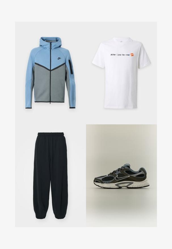 Nike Kapuzenjacke mit blau-grauem Farbschema, mit Reißverschluss vorne, Chevron-Design und einer Reißverschlusstasche am Ärmel.; Weißes kurzärmeliges T-Shirt mit dem Text "Nike Sportswear" in Grau und Marineblau und einem orangen Nike-Logo auf der Brust.; Schwarze Sweatpants mit elastischem Bund, lockerer Passform, gerippten Beinabschlüssen, glatter Textur und ohne sichtbare Muster oder Hardware-Akzente.; Schwarzer und grauer Nike Laufschuh mit weißer Sohle und Swoosh, atmungsaktiven Mesh-Einsätzen und gepolstertem Kragen, im Profil auf neutralem Hintergrund dargestellt.