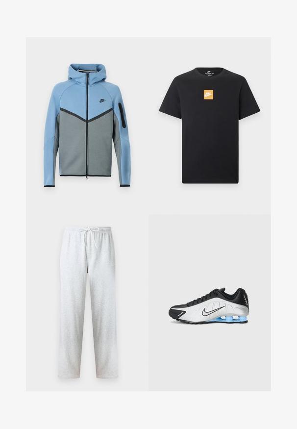 Nike hættejakke med et farveskema i blå og grå, der har lynlås foran, et chevrondesign og en lynlåslomme på ærmet.; Sort kortærmet Nike T-shirt med en lille orange firkantet logo og hvid Nike-swoosh placeret centralt på brystet.; Grå joggingbukser lavet af blødt stof med elastisk talje og snøre samt lige ben. Ingen mønstre eller detaljer synlige.; Nike løbesko med en sort og hvid syntetisk overdel, struktureret design og en blå gummisål med stødabsorberende søjler.
