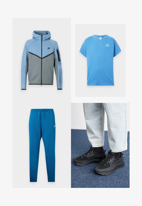 Chaqueta con capucha de Nike con una combinación de colores azul y gris, con cremallera frontal, diseño en forma de chevron y un bolsillo con cremallera en la manga.; Camiseta de algodón azul con mangas cortas, escote redondo y el logo blanco "Just Do It" en el pecho. Textura suave, ajuste relajado, diseño casual.; Pantalones deportivos azul con cintura elástica y cordón ajustable. Presenta un logo blanco en el muslo y puños ajustados en los tobillos.; Zapatillas deportivas negras con tejido texturizado y suelas de goma, con cordones elásticos y un acento azul en el talón. Combinadas con pantalones de mezclilla claros.