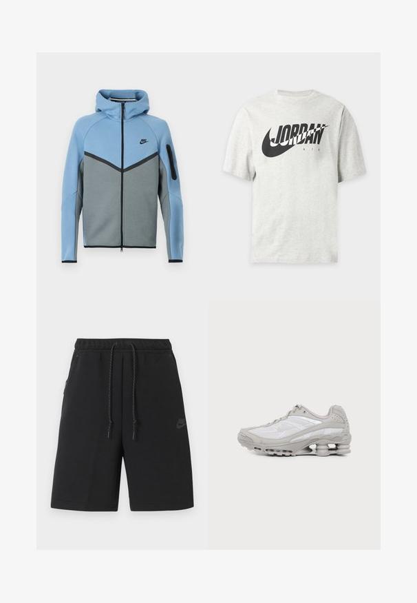 Veste à capuche Nike avec un schéma de couleurs bleu et gris, dotée d'une fermeture éclair frontale, d'un motif en chevron et d'une poche zippée sur la manche.; T-shirt gris clair à manches courtes avec le logo Nike noir et le texte "JORDAN AIR" à l'avant.; Shorts de sport noirs Nike avec taille élastique, cordon de serrage, poches latérales et logo discret sur la cuisse gauche.; Baskets de sport grises et blanches avec semelle à coussin d'air visible et panneaux en mesh, présentées de profil sur un fond clair uni.