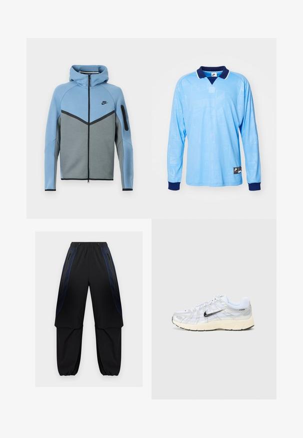 Nike hættejakke med et farveskema i blå og grå, der har lynlås foran, et chevrondesign og en lynlåslomme på ærmet.; Lyseblå langærmet polo trøje med marineblå krave og manchetter, med et diskret all-over mønster og Nike-logo på den nederste kant.; Sorte og mørkeblå cargobukser med elastisk linning og manchetter, de har lynlåslommer på siden og lagdelte stofpaneler på lårene.; Hvide mesh sneakers med sølvdetaljer, sort Nike swoosh, polstret krave og tekstureret sål. Har et lagdelt design for stabilitet.
