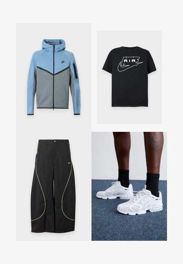 Nike Kapuzenjacke mit blau-grauem Farbschema, mit Reißverschluss vorne, Chevron-Design und einer Reißverschlusstasche am Ärmel.; Schwarzes Kurzarm-T-Shirt mit fettem weißen stilisierten „AIR“-Schriftzug und einem Swoosh-Logo über der Brust auf einfachem Hintergrund.; Schwarze Nike-Hose mit weitem Bein, neongrünem, geschwungenem Paspel und kleinem Nike-Swoosh-Logo auf dem rechten Oberschenkel, mit Knopf- und Reißverschlussbund.; Weiße Sportschuhe mit Mesh-Obermaterial, strukturierten Akzenten und gepolsterter Sohle. Kombieirt mit schwarzen gerippten Knöchelsocken auf einer blauen Teppichoberfläche.