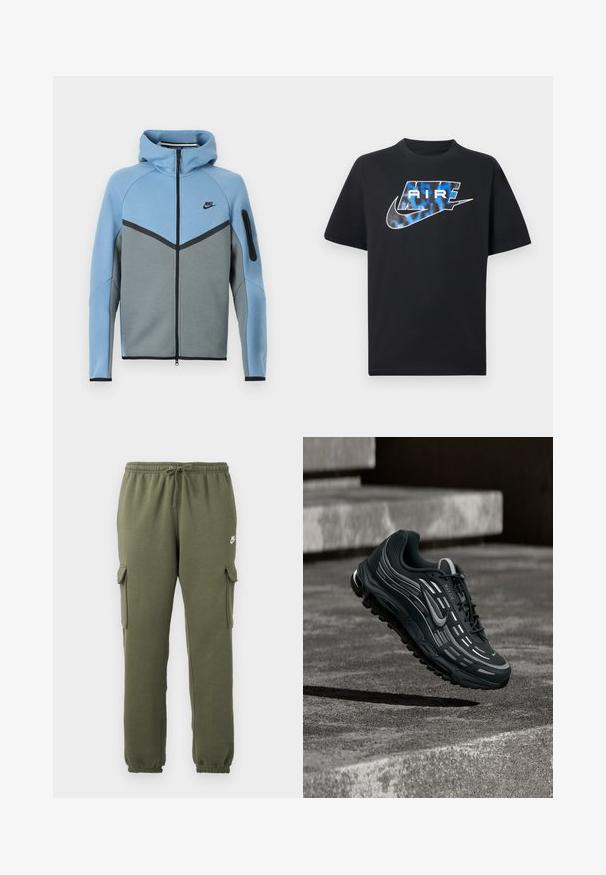 Nike hooded jack met een blauw-grijs kleurenpatroon, voorzien van een ritssluiting aan de voorkant, een chevron ontwerp en een ritssluitingzak op de mouw.; Zwart kortermig T-shirt met een blauw-witte gestileerde tekst "AIR" en het Nike swoosh-logo op de borst.; Olijfgroene cargobroek met elastische tailleband, trekkoordsluiting, zijzakken en een logo op de dij. Gladde katoenmix stof.; Zwarte en grijze Nike Air Max sneaker zwevend boven grijze betonnen trappen met een gestructureerde achtergrond van de grond.