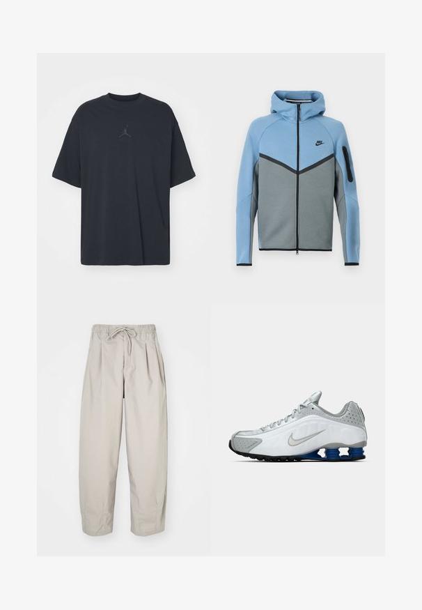 Nike hættejakke med et farveskema i blå og grå, der har lynlås foran, et chevrondesign og en lynlåslomme på ærmet.; Sort bomuld T-shirt med løs pasform, rund hals, korte ærmer, med et diskret logo og teksten "AIR" over logoet i centrum.; Beige, lette bukser med elastisk talje og snor. Har plisseringer og en løs pasform, lavet af blødt, glat stof.; Hvide og grå Nike løbesko med sølv swoosh, blå fjederlignende såleelementer og sort slidbane på en ensfarvet baggrund.