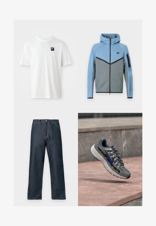 Nike Kapuzenjacke mit blau-grauem Farbschema, mit Reißverschluss vorne, Chevron-Design und einer Reißverschlusstasche am Ärmel.; Weißes Baumwoll-T-Shirt mit kurzen Ärmeln und Rundhalsausschnitt; zeigt ein kleines schwarzes rechteckiges Nike Air-Logo auf der linken Brust.; Dunkle Denimhose mit geradem Bein, Kontrastnähten und vorderen Taschen. Verfügt über einen Knopfverschluss und eine klassische Passform.; Grauer und schwarzer Nike-Laufschuh mit blauem Swoosh und weißer Sohle, der über einer Steinoberfläche schwebt.
