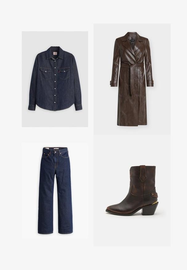 Brauner Leder-Trenchcoat mit doppelreihiger Knopfleiste, tailliertem Gürtel, notched Revers und Seitentaschen. Glatte Textur mit glänzendem Finish.; Dunkelblaues Denim-Hemd mit langen Ärmeln, knöpfbarem Frontverschluss, zwei Brusttaschen mit Klappen und kontrastierendem gelben Stich.; Dunkelblaue gerade geschnittene Denim-Jeans mit fünf Taschen, orangefarbenen Nähten und einem Knopfverschluss.; Braune Leder-Cowboystiefel mit spitzer Zehe und gestapeltem Absatz. Verfügt über ein dekoratives Diamantmuster und einen Riemen mit Hardware-Akzenten.