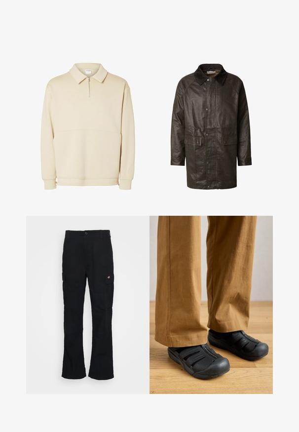 Braune Lederjacke mit einem Cordkragen, zwei Fronttaschen, Druckknopfverschlüssen und einer strukturierten Oberfläche. Legeres, übergroßes Design.; Beiger Pullover-Sweatshirt aus weichem Stoff mit einem Reißverschluss am Hals, einem Kragen und einem lässigen Schnitt mit einfachen horizontalen Nahtdetails.; Schwarze Cargo-Hose mit geradem Bein, aus strapazierfähigem Stoff gefertigt, mit Seitentaschen und einem aufgenähten Logo auf der linken Seite.; Schwarze Slipper mit einer Gummisohle, ausgestattet mit einem Reißverschluss und Ausschnitten, kombiniert mit hellbraunen weiten Hosen auf einem Holzboden.