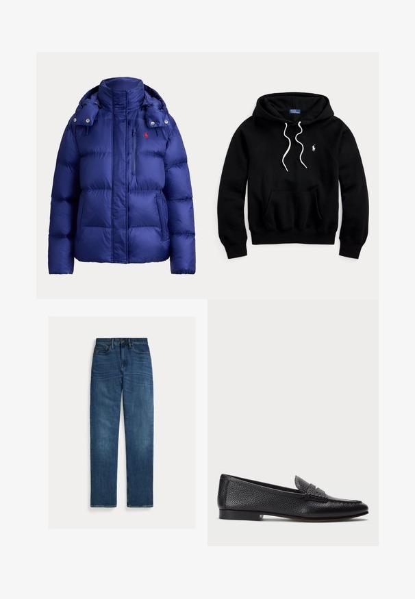 Blaue wattierte Jacke mit hohem Kragen, Reißverschlusstasche auf der Brust, zwei Seitentaschen und abnehmbarer Kapuze mit Druckknöpfen.; Schwarzer Kapuzenpullover mit weißen Kordeln, Kängurutasche vorne und kleinem weißen Polo Ralph Lauren Logo auf der Brust.; Straight-leg blaue Denim-Jeans mit fünf Taschen, Knopfverschluss und subtilen Verwaschungen an Oberschenkeln und Knien, flach auf weißem Hintergrund gelegt.; Schwarze Lederloafers mit strukturiertem Finish, ausgestattet mit einem dekorativen Riemen und flachem Absatz. Schlankes, minimales Design mit abgerundeter Spitze.