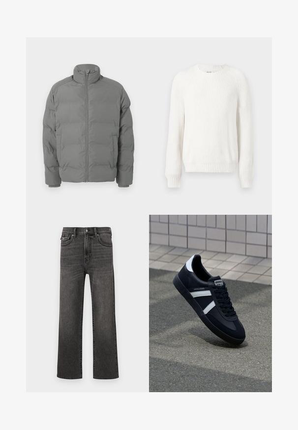 Grå pufferjakke med høj krave, lynlåslukning foran og boxy form. Har polstrede sektioner og tætsiddende manchetter for varme.; Hvid ribbet sweater med rund halsudskæring, sænkede skuldre og lange ærmer. Har struktureret stof og en lige kant.; Sorte jeans med lige ben og falmede detaljer, med front- og møntlommer, knap- og lynlås-lukning, præsenteret på en hvid baggrund.; Sort lædersneaker med hvide striber, tekstureret gummisål og snørrebånd foran. Har et brandet mærke på tungen.