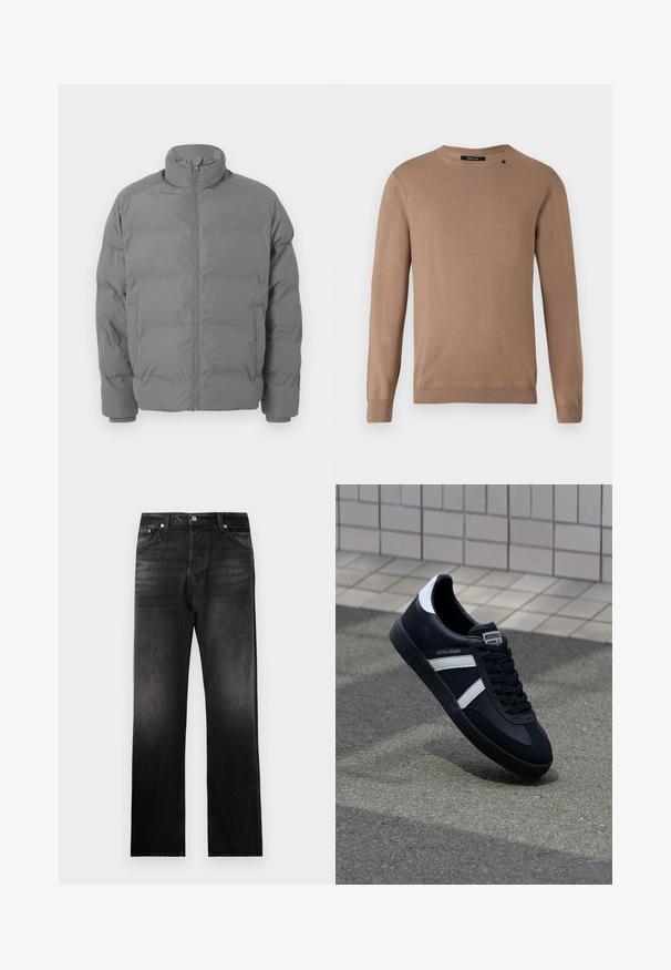 Grå pufferjakke med høj krave, lynlåslukning foran og boxy form. Har polstrede sektioner og tætsiddende manchetter for varme.; Beige langærmet sweater med rund halsudskæring, lavet af blødt, tekstureret stof. Har ribbede manchetter og søm samt en lille logodetalje.; Sorte denim jeans med lige ben, der har en falmet gradienteffekt, fem lommers design og metalhardware detaljer.; Sort lædersneaker med hvide striber, tekstureret gummisål og snørrebånd foran. Har et brandet mærke på tungen.