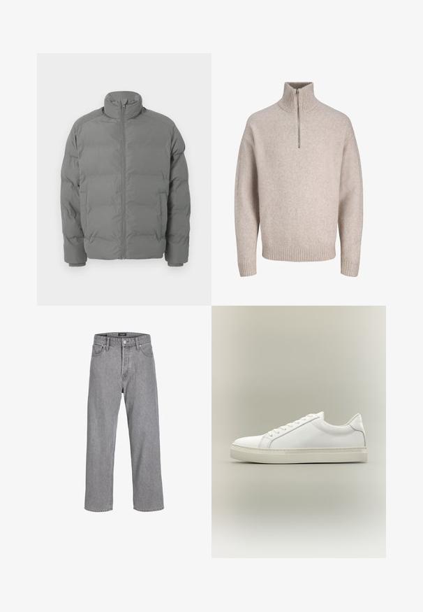Gray puffer jacket with high collar, zippered front, and boxy shape. Features padded sections and fitted cuffs for warmth.; Beige quarter-zip pullover sweater in soft knit fabric. Features ribbed collar and cuffs, with a relaxed fit and seamless design.; Grey denim trousers with a relaxed, loose fit. Features a traditional five-pocket design and a button closure at the waistband.; White low-top sneaker with lace-up front and thick sole, shown from the side against a neutral background.