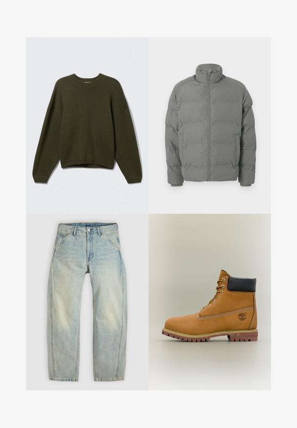Veste matelassée grise avec col montant, fermeture éclair à l'avant et forme carrée. Comprend des sections rembourrées et des poignets ajustés pour plus de chaleur.; Pull en maille vert olive avec un col rond, épaules tombantes et ourlet côtelé. Texture douce et coupe décontractée.; Jean large couleur bleu clair en denim. Comprend cinq poches, une fermeture par bouton et des zones délavées pour un aspect usé.; Bottine en cuir marron avec col noir, lacets jaunes et semelle beige. Présente un logo et des détails de couture blanche. Semelle extérieure à traction robuste.